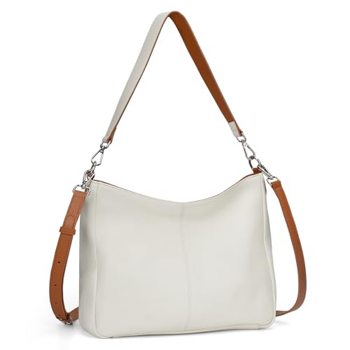 befen Real Leather Medium Hobo Shoulder Purses for Women, Ladies Crossbody Bags Handbag with Adjustable Strap Beige with Brown | Amazon (US)
