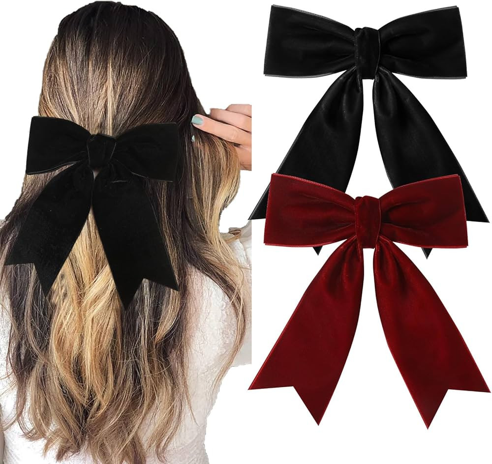 2PCS Velvet Hair Bows Hair Ribbon Clips Black Wine red Big Fall Alligator Clips Hair Accessories ... | Amazon (US)