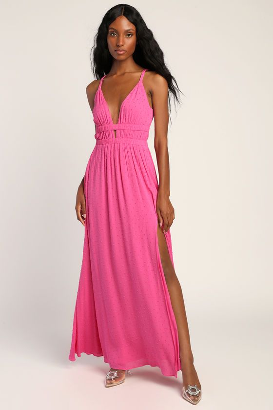 Soiree Sweet Hot Pink Swiss Dot Sleeveless Maxi Dress | Lulus (US)