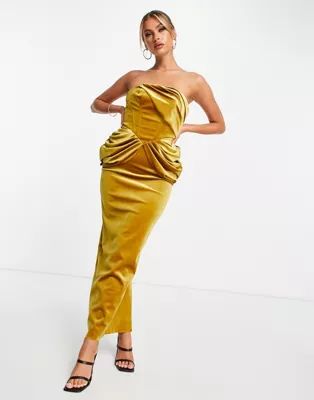 ASOS DESIGN velvet bandeau drape midaxi dress in gold | ASOS (Global)