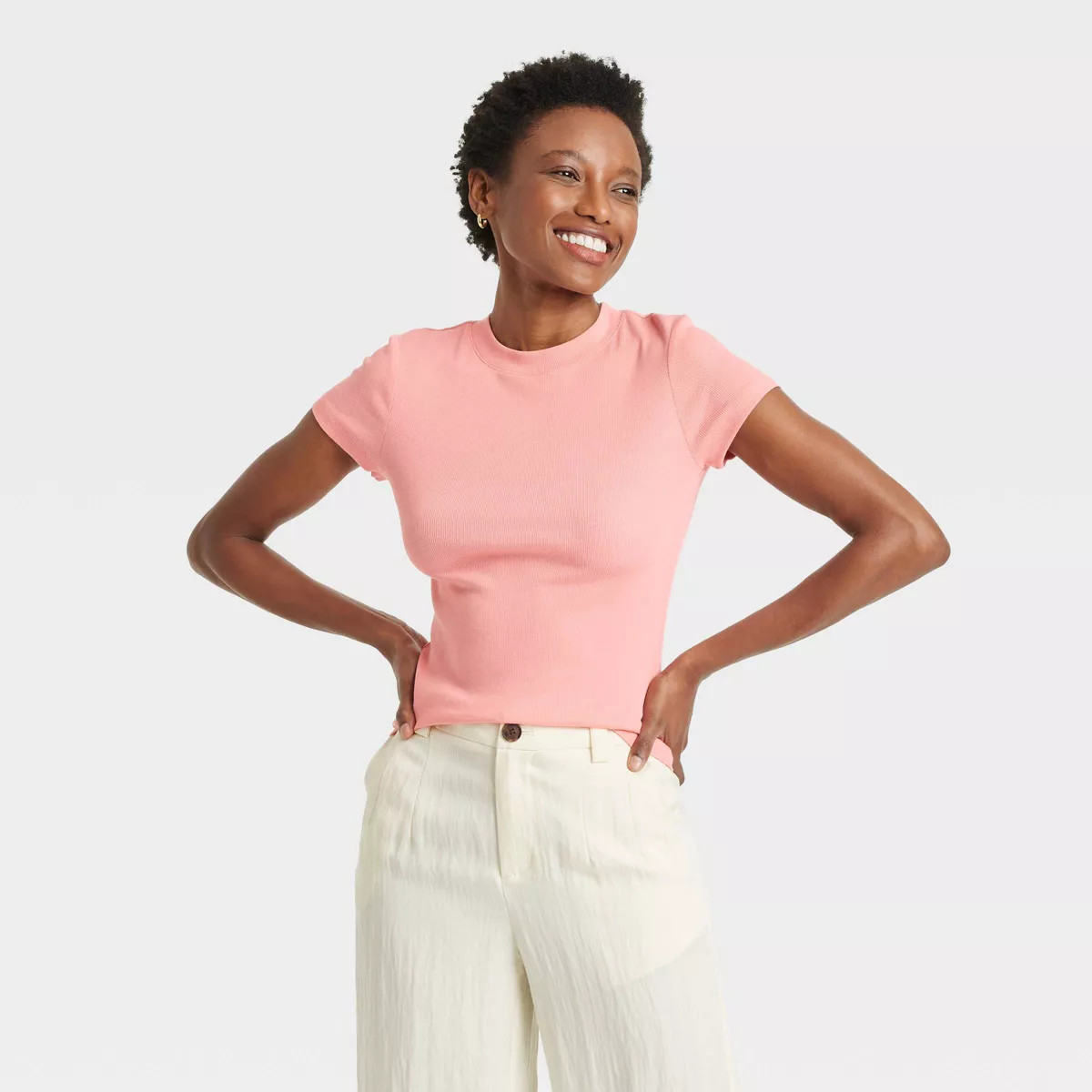 Women's Short Sleeve Ribbed T-Shirt - A New Day™ Cream Striped S | Target