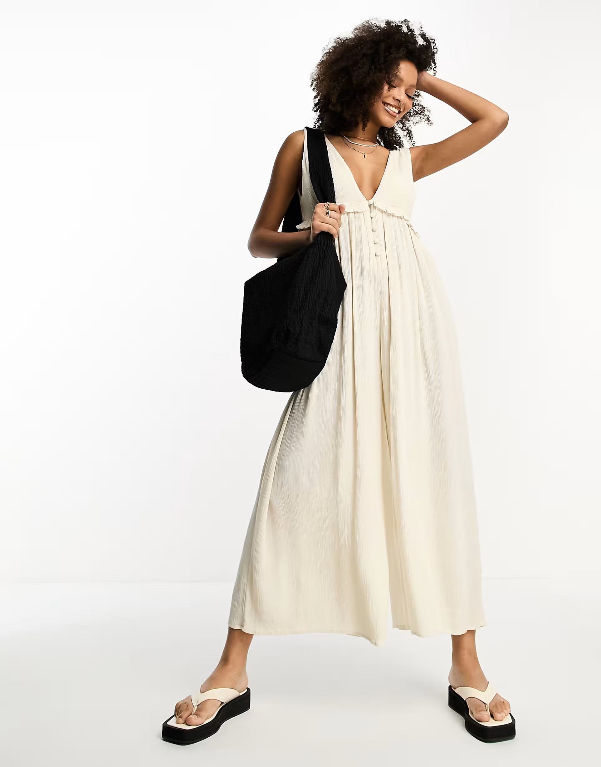 ASOS DESIGN tiered crinkle frill smock jumpsuit in oatmeal | ASOS (Global)