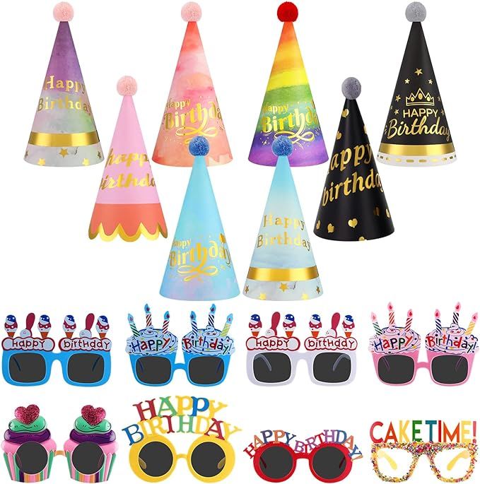 16 Pcs Birthday Party Hats for Kids Adults Rainbow Colorful Sunglasses Cone Birthday Decorations ... | Amazon (US)