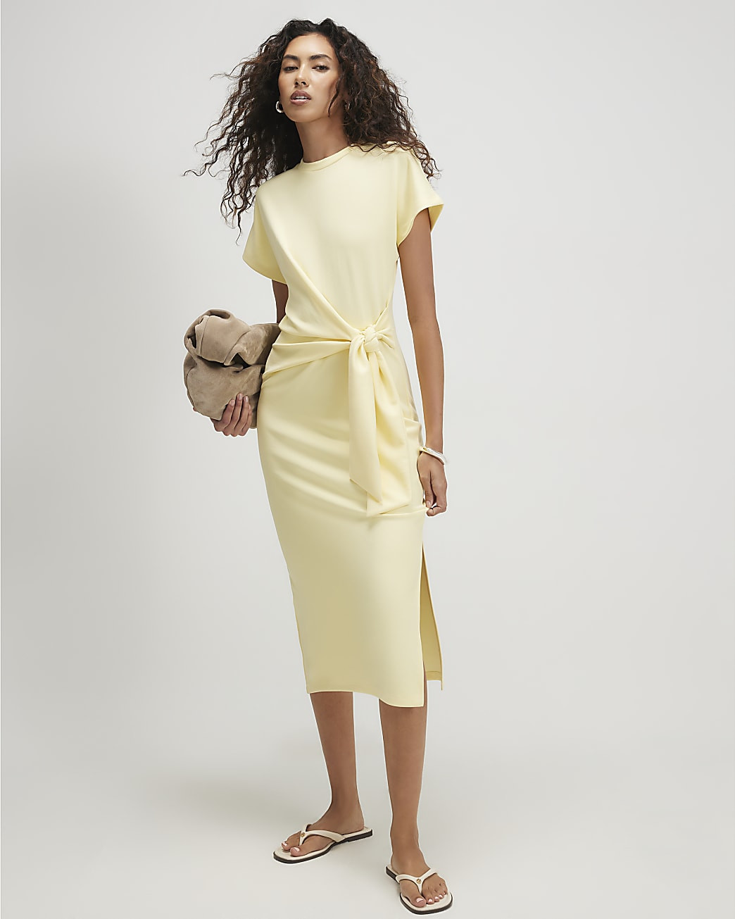 Yellow Premium Tie Side Midi Dress | River Island UK & IE