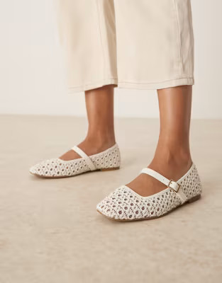 ASOS DESIGN Wide Fit Lottie mary jane ballets in off-white weave | ASOS | ASOS (Global)