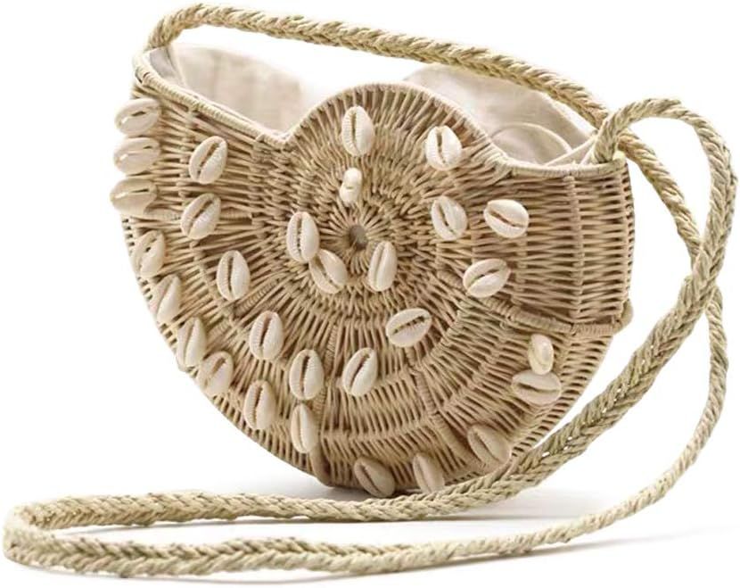Hand-woven Women Summer Beach Straw Bag, Cute 3D Shell Crossbody Handbag with Straw Shoulder Stra... | Amazon (US)