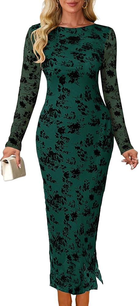 MITILLY Women Floral Bodycon Midi Dress 2025 Fall Elegant Mesh Long Sleeve Split Wedding Guest Co... | Amazon (US)