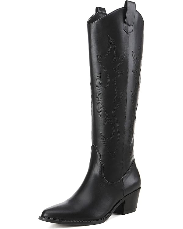 Athlefit Women's Western Embroidered Cowboy Boots Pointed Toe Chunky Heel Pull On Knee High Boots | Amazon (US)