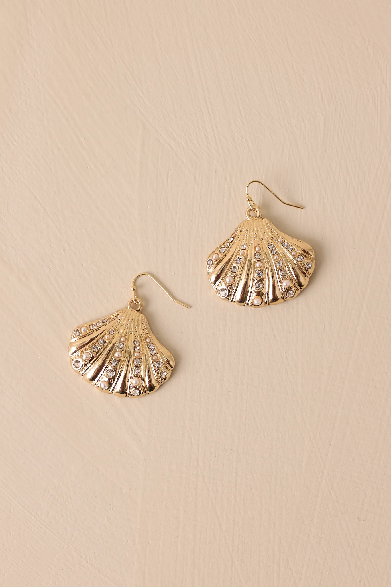 Shoreline Shimmer Gold Seashell Drop Earrings | Red Dress