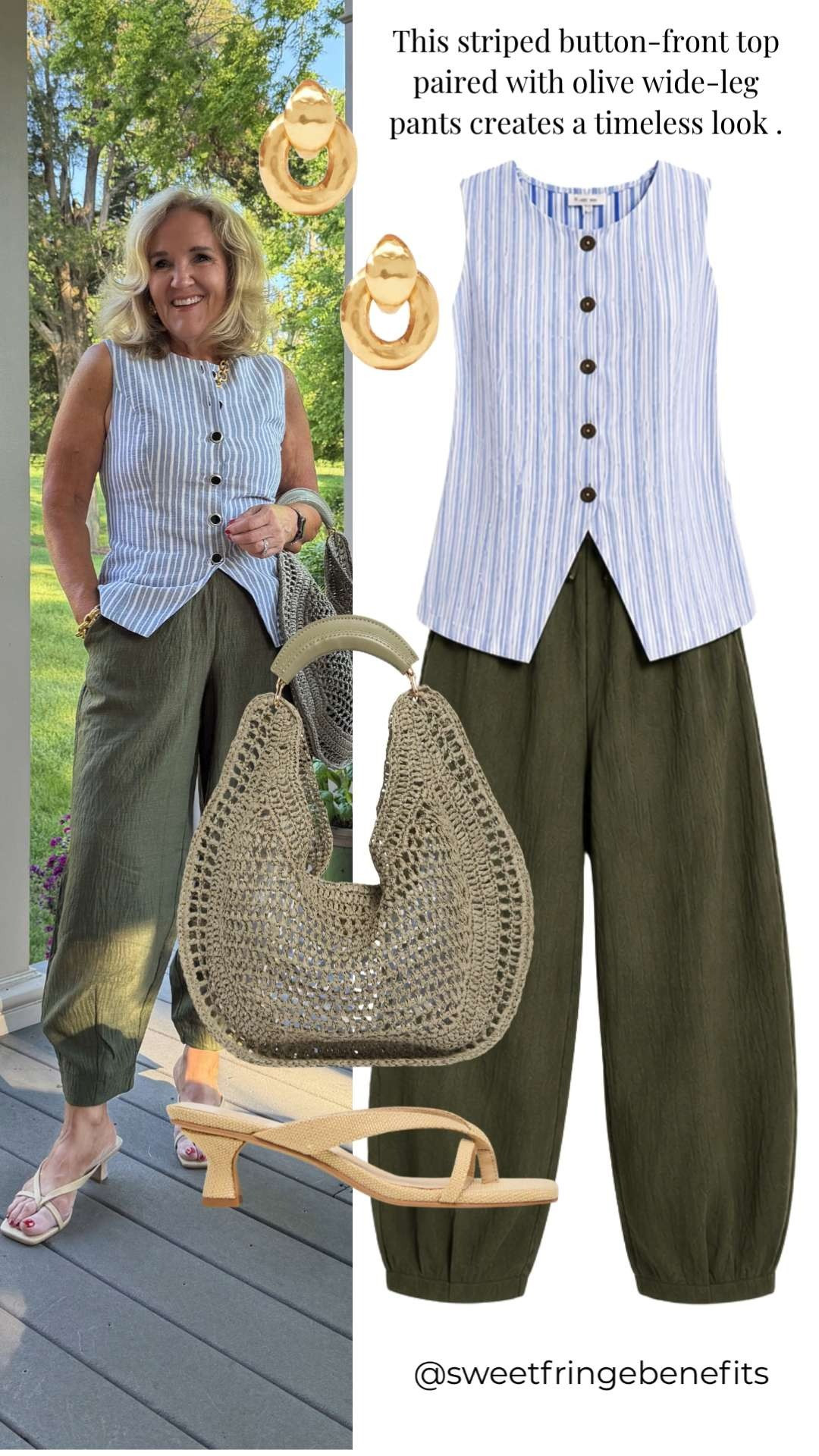 The striped button-front top and olive barrel pants make an easy, polished outfit you’ll wear on repeat. Finished with woven accessories and neutral sandals for a timeless summer look.

💡 LTK MADE EASY

❤️ Heart = Support my posts
🔖 Save = Get sale & restock alerts
📋 Lists = Keep favorites organized
📲 Share = Send to yourself for later
💬 Comment = Ask me anything 

 #LTKootd #LTKSeasonal #LTKOver40