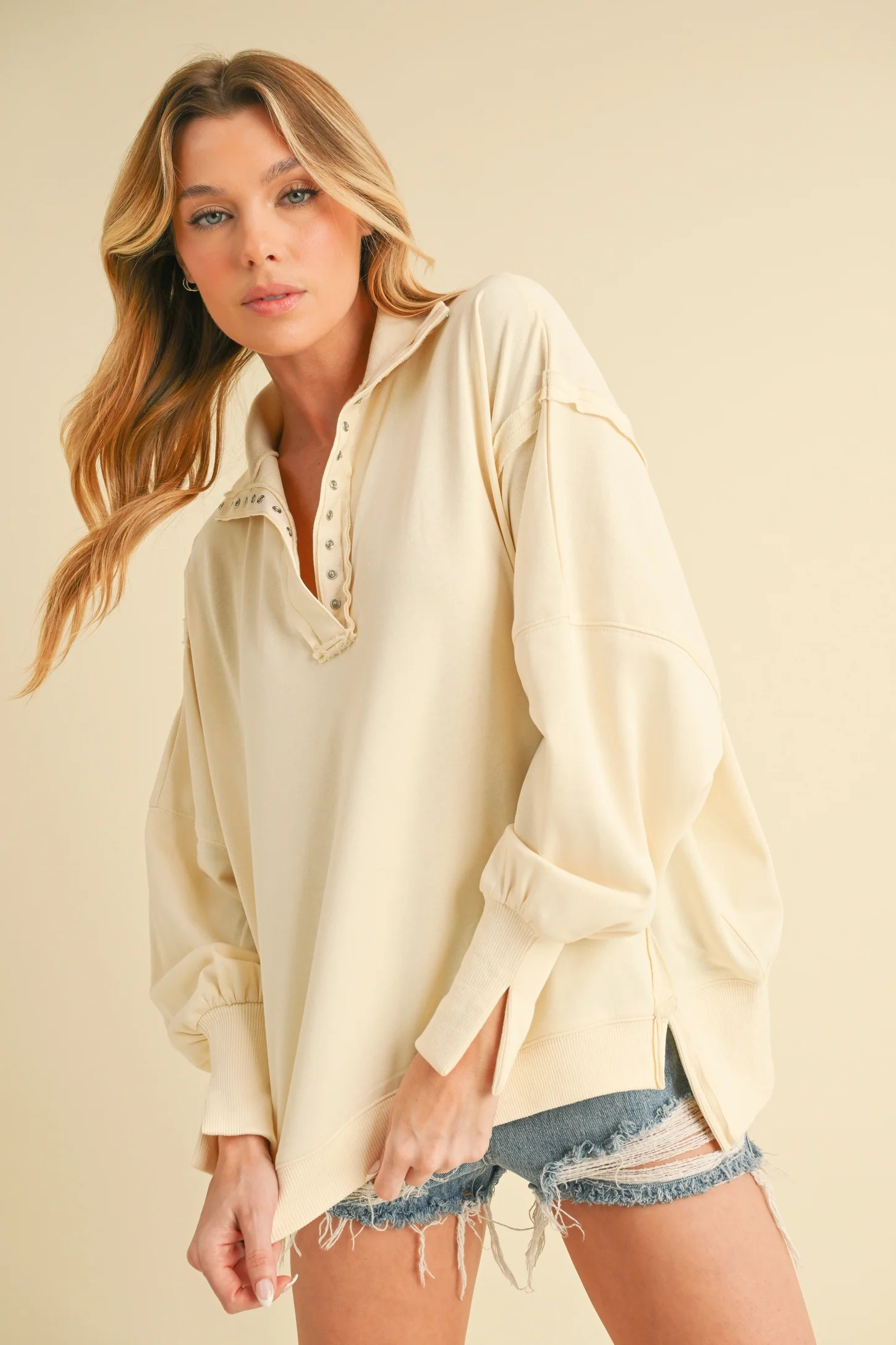 Cream Snap Button Pullover Henley Sweatshirt | PinkBlush Maternity