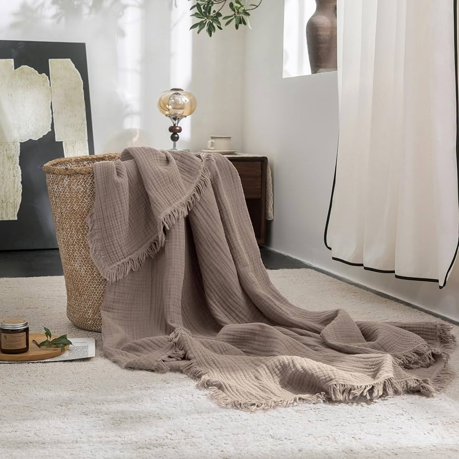 FOSSA Muslin Blanket 4-Layer 100% Cotton Gauze Blanket with Fringe 50"x70" | Amazon (US)
