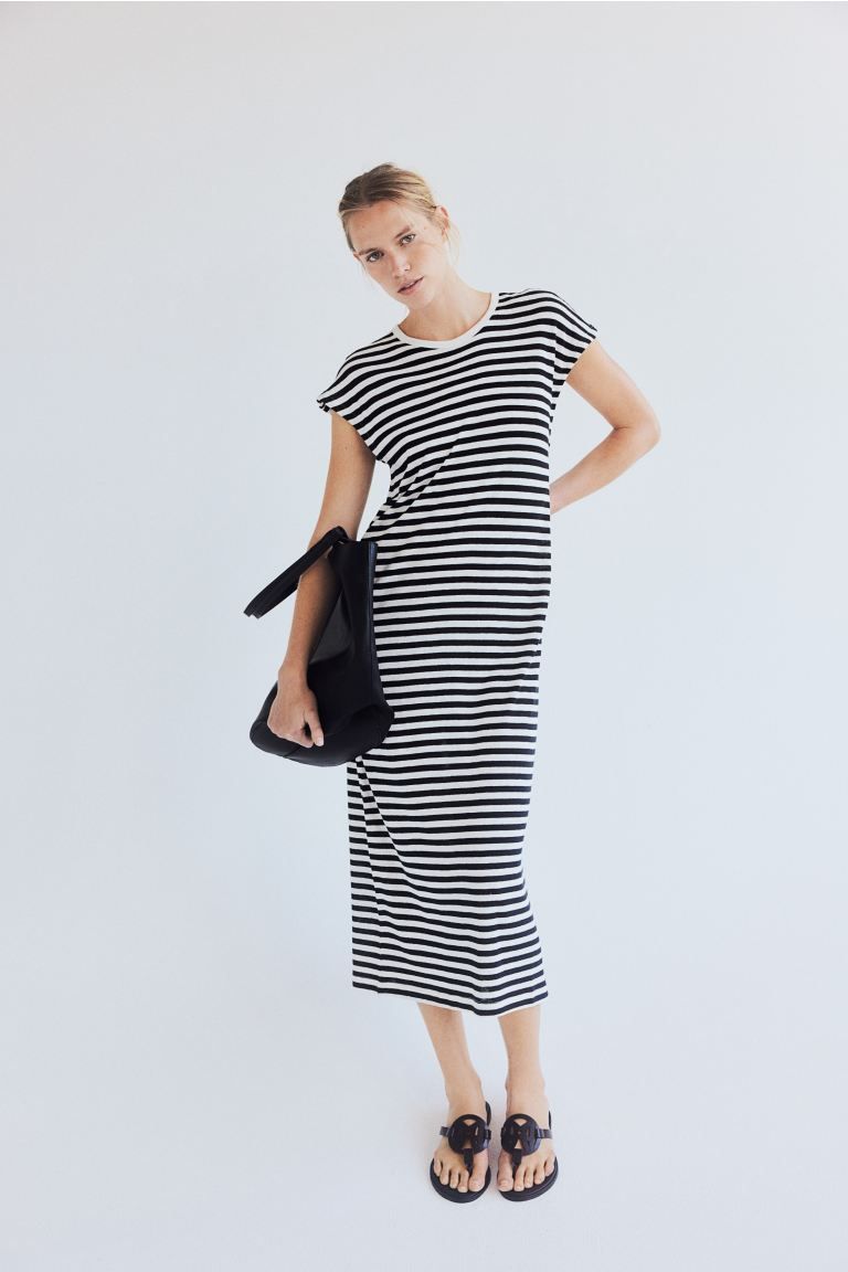 Linen-blend Midi Dress - Black/white striped - Ladies | H&M US | H&M (US + CA)