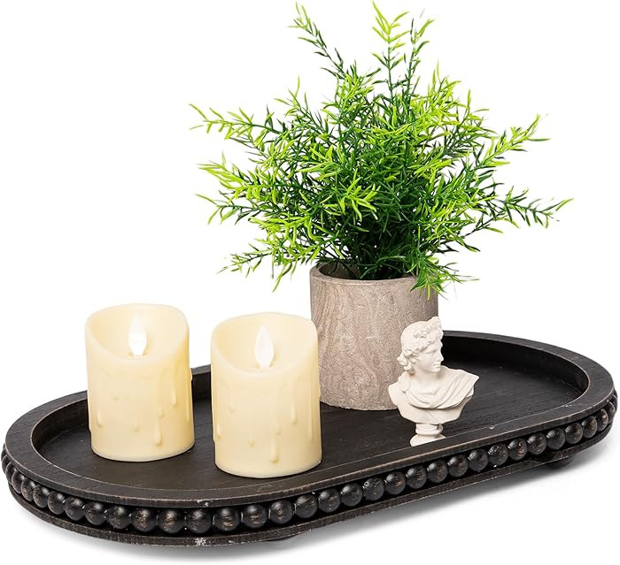 HPC Decor 15in Oval Tray for Home Decor - Black Wood Beaded Tray - Decorative Serving Tray,Rustic... | Amazon (US)