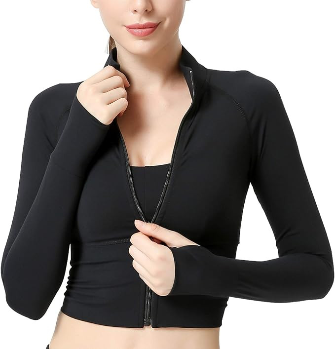 Women's Cropped Workout Jacket Front Zip Stretchy Fitted Long Sleeve Crop Top Activewear Black Sm... | Amazon (US)