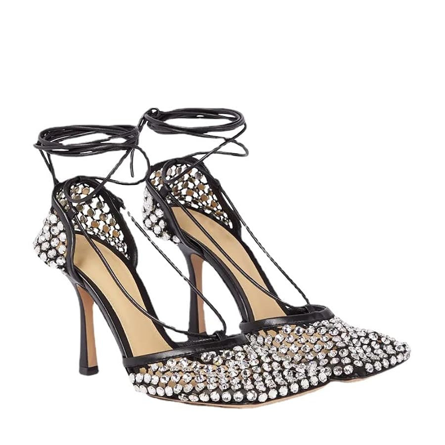 Richealnana Women's Rhinestones Net Square Toe Mesh Lace Up Strappy Sexy Sandals | Amazon (US)