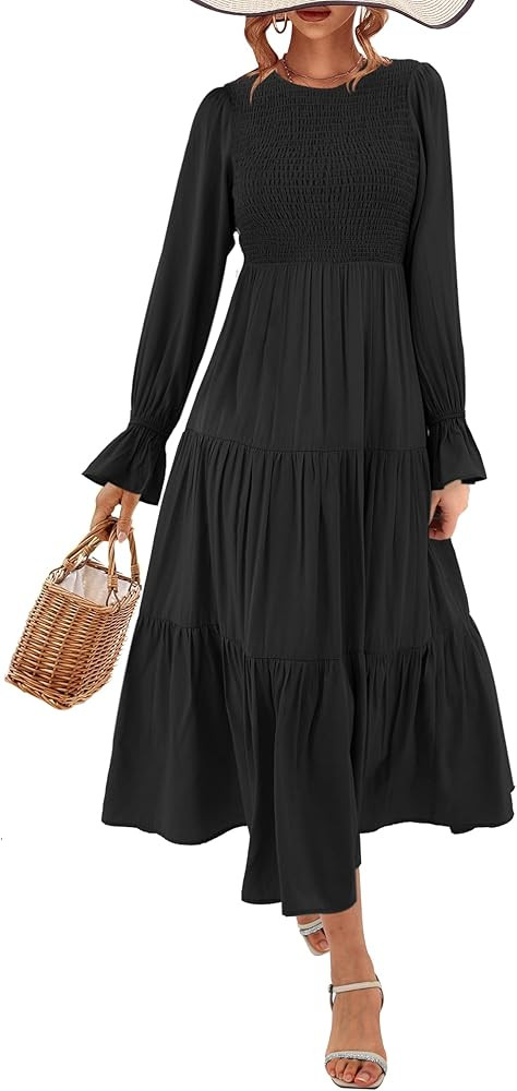 Amoretu Women's Casual Long Sleeve Dress Crew Neck Tiered A Line Smocked Midi Dresses | Amazon (US)