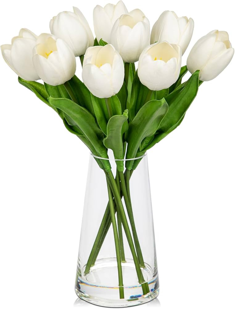 Fake Tulips Artificial Tulip Flowers in Glass Vase with Faux Water, 14.2" Real Touch White Tulip ... | Amazon (US)