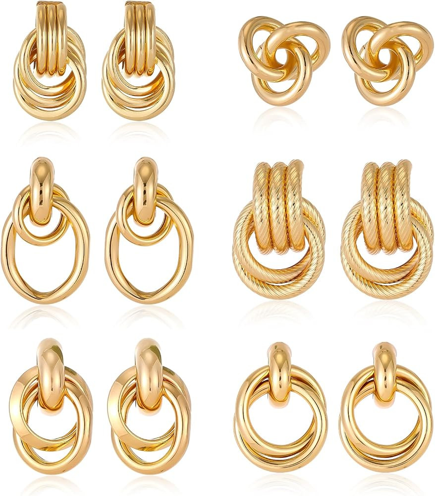 6 Pairs Chunky Gold Knot Earrings for Women s Trendy Geometric Gold Statement Drop Dangle Earring... | Amazon (US)