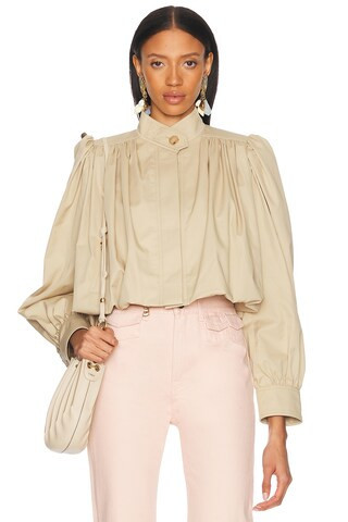 Chloe High Collar Cropped Gathered Pleated Sleeves Jacket in Neutral | FWRD 