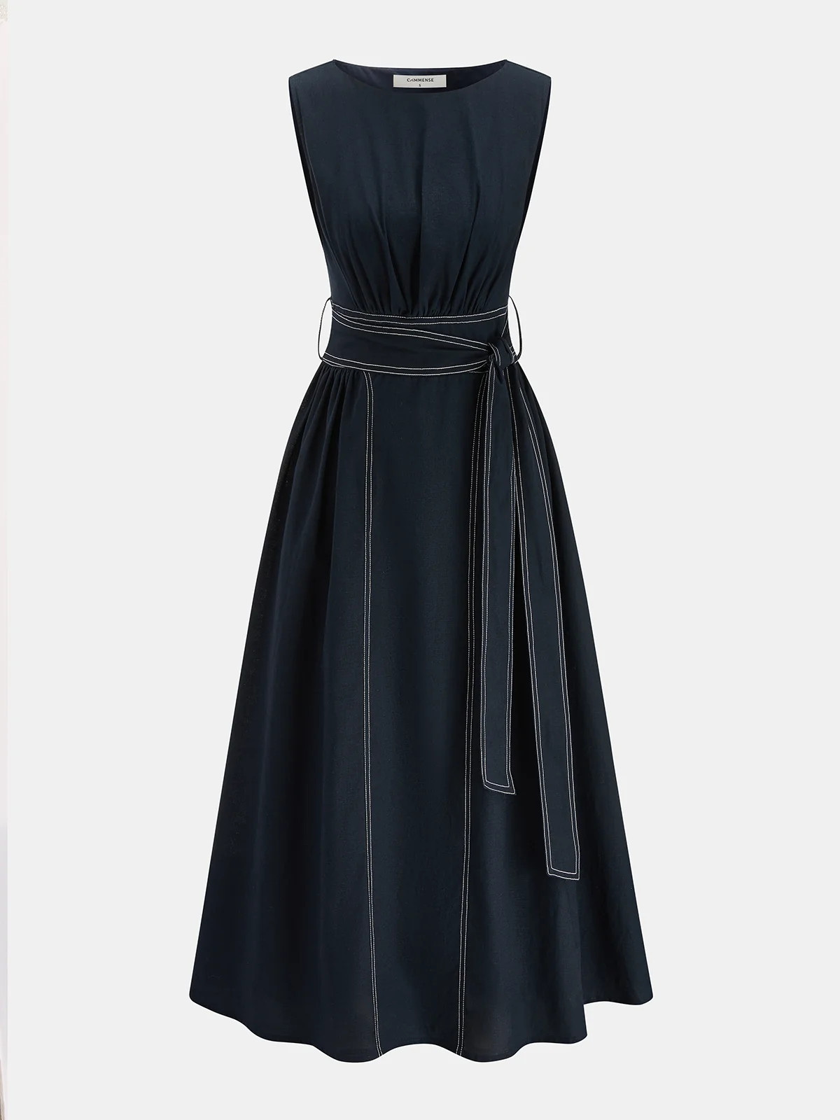 Cotton Linen Sleeveless Belted Midi Dress | Commense