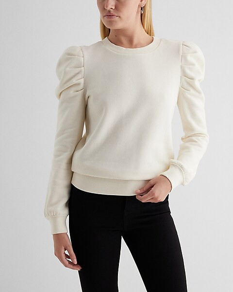 Crew Neck Puff Sleeve Fleece Sweatshirt | Express