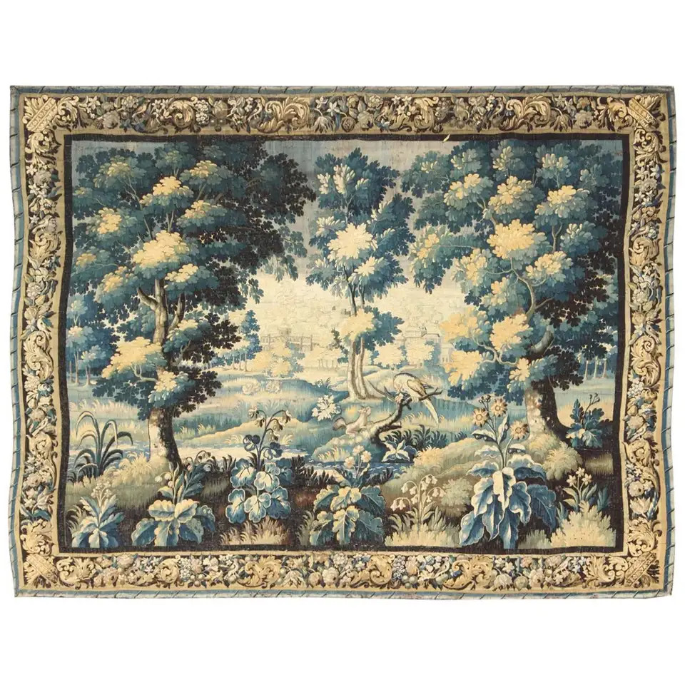 17th Century Antique Tapestry with Woodland Scene and Floral Border in Blue Tone | 1stDibs