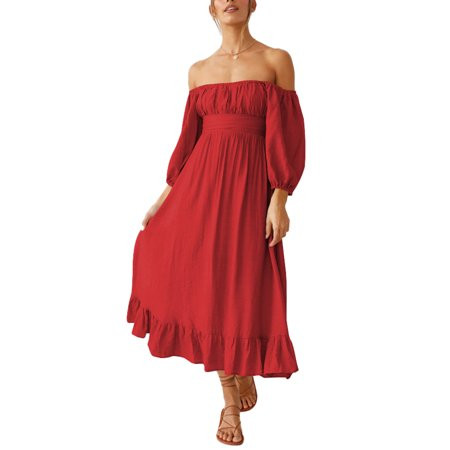Pink Queen Women s Summer Lantern Sleeve Ruffled Off Shoulder A-Line Casual Midi Dresses Red S | Walmart (US)