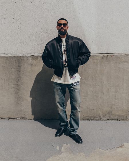 FEAR OF GOD Eternal Collection Nylon Twill Bomber Jacket in ‘Black’ (size M), 5-Year Wash jeans (size 33), and 7th Collection Mule in ‘Black Leather’ (size 41). FEAR OF GOD x RRR123 The Witness Long Sleeve Shirt in ‘Cream’ (size 2). FEAR OF GOD x GREY ANT 1983 Glasses in ‘Black’. A relaxed and elevated men’s look that is sharp and effortless, and perfect for a night out. 

#LTKstyletip #LTKmens