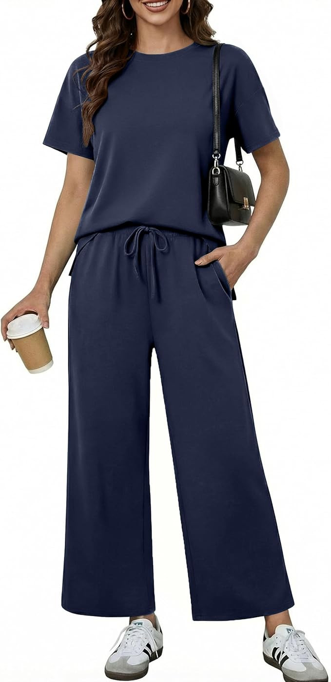 PINSPARK Soft 2 Piece Sets for Women Short Sleeve Matching Lounge Set Wide Leg Pants Tracksuit Tr... | Amazon (US)