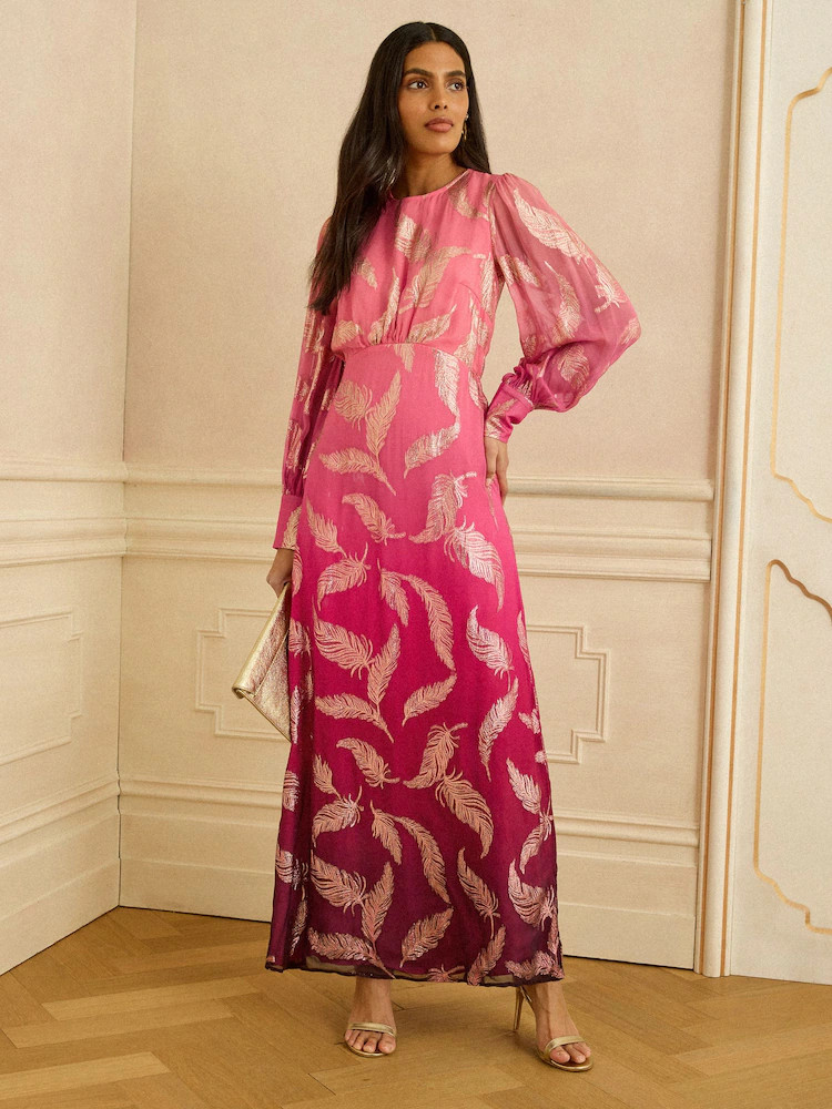 Love & Roses Pink Feather Metallic Ombre Cuffed Sleeve Maxi Dress | Next US