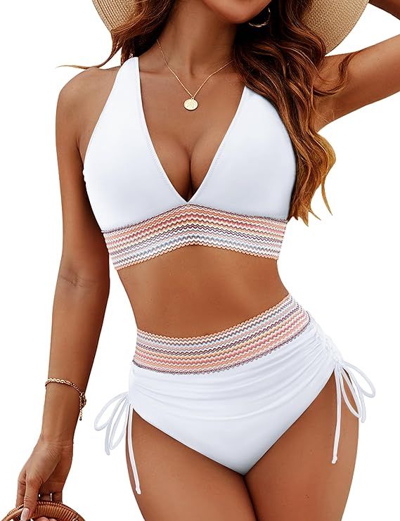 Blooming Jelly Women High Waisted Bikini Sets Tummy Control Swimsuits Color Block Two Piece Draws... | Amazon (US)
