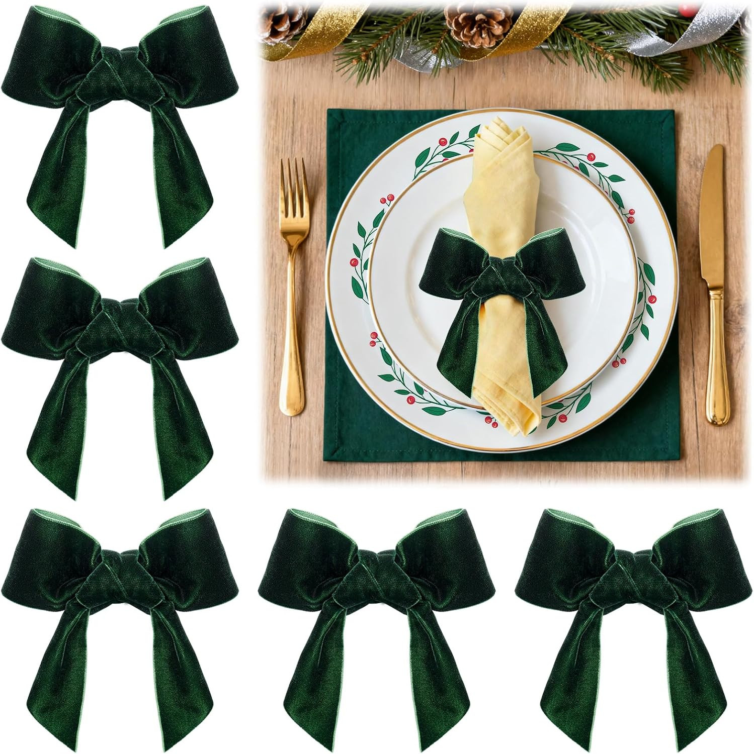 Green Velvet Bow Christmas Napkin Rings Set of 6 - Beautiful Napkin Holder Rings for Holiday Dinn... | Amazon (US)