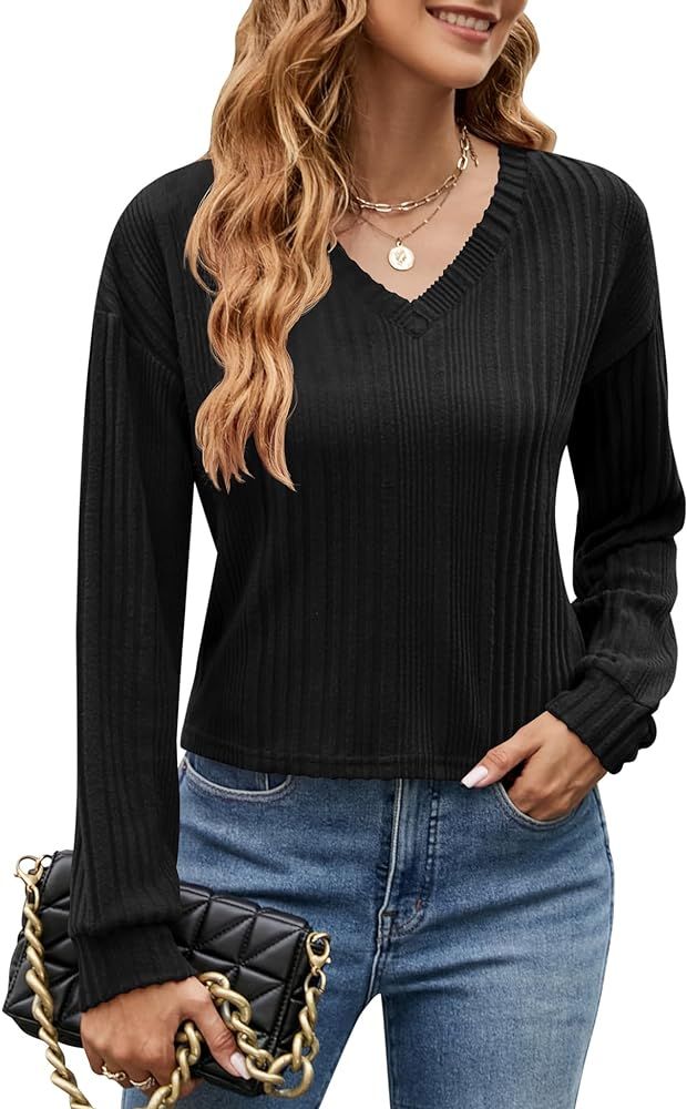 Ivicoer Women's V Neck Ribbed Knit Light Soft Sweater Long Sleeve Crop Tops for Women S-XL | Amazon (US)