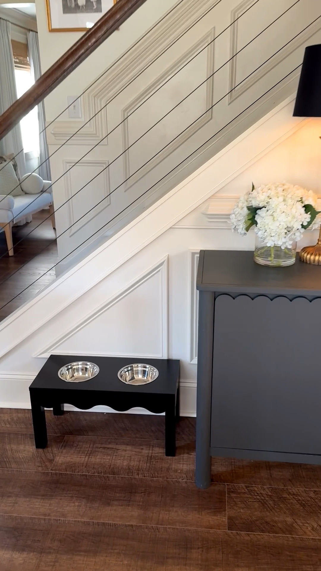 Found the cutest dog bowl stand from @wayfair! And I love adding little touches of spring throughout the house like all of these hydrangeas! Also think this #wayfair lamp is my new favorite! 