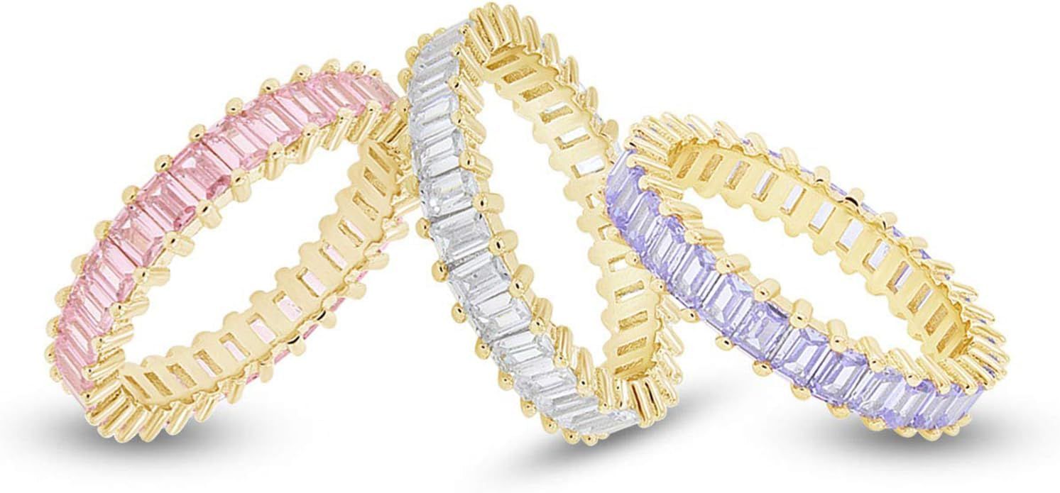 AFFY Set of 3 Pastel Rainbow Baguette Band Ring Anniversary Eternity Band Cubic Zirconia Crystal ... | Amazon (US)