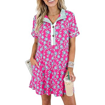 Wenrine Womens Floral Mini Dress Casual Short Sleeve Collared Button Down Summer Beach Vacation D... | Amazon (US)