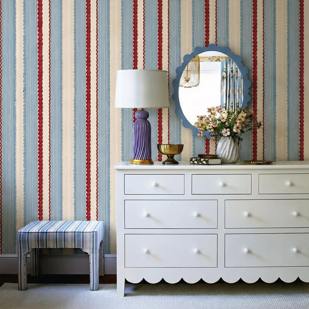 Vintage Striped Wallpaper, French Country Red Blue Stripe Mural, Peel and Stick - Etsy | Etsy (US)