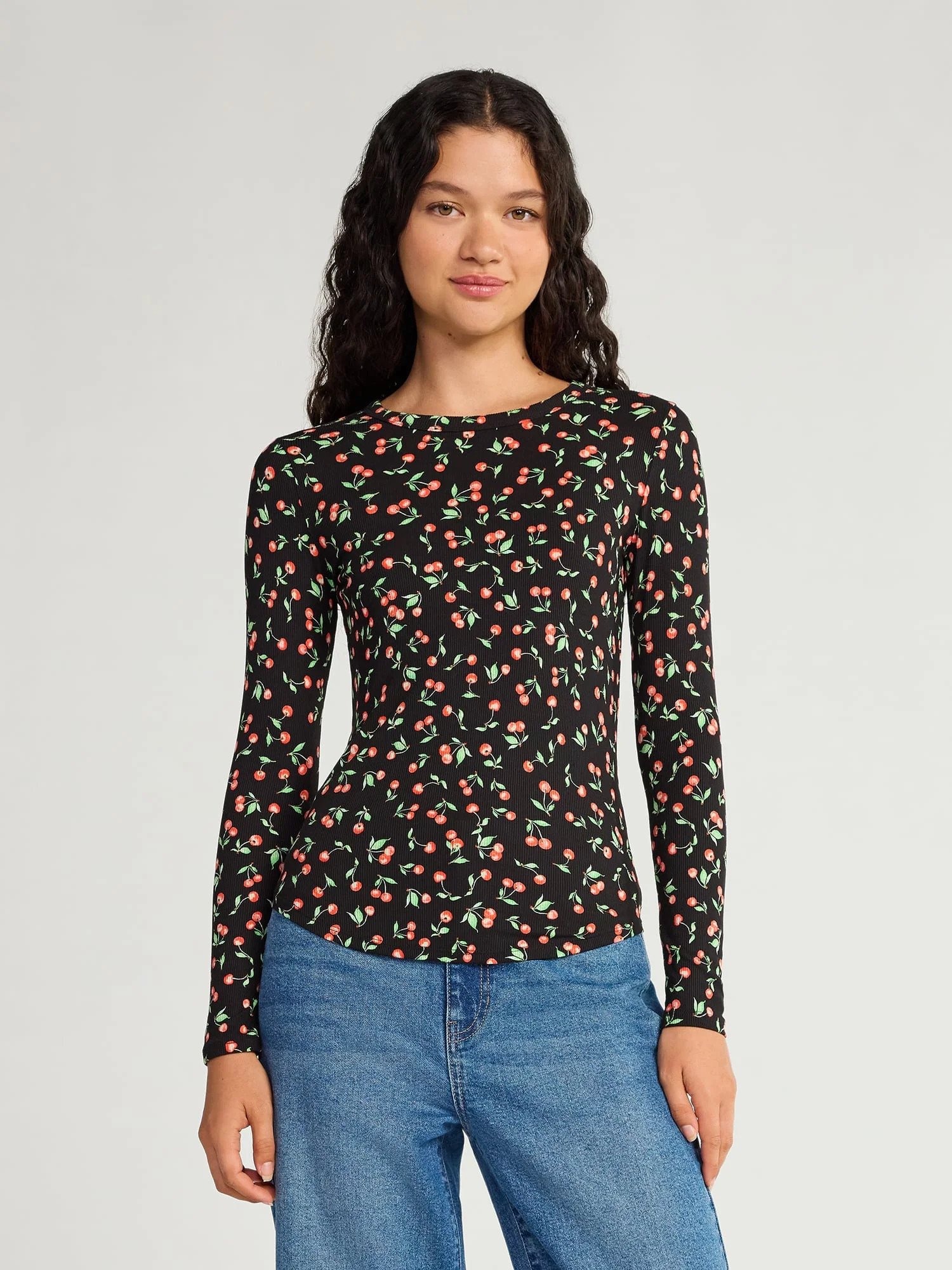 No Boundaries Crew Ribbed Tee with Long Sleeves, Women's | Walmart (US)