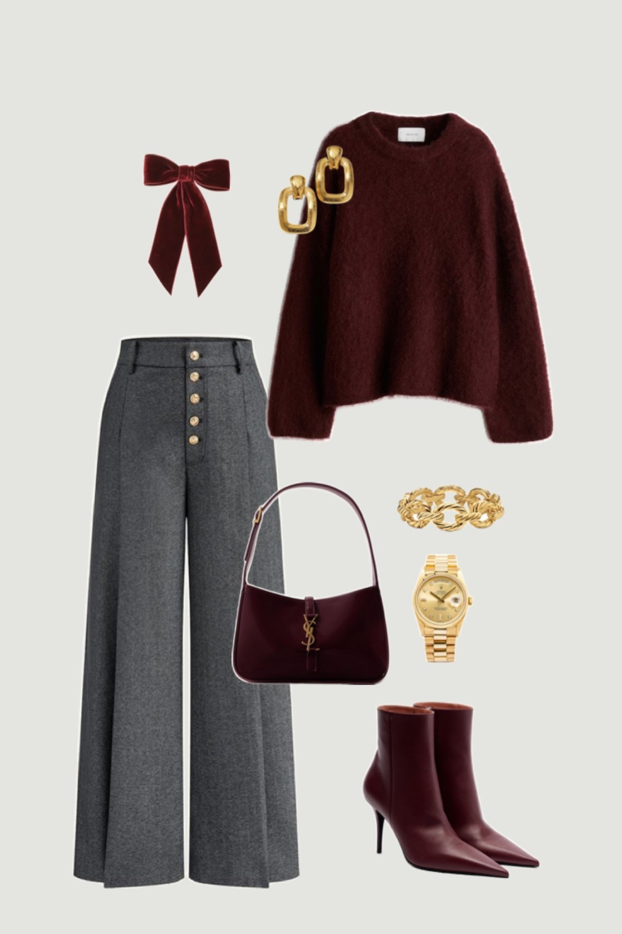 Burgundy + grey for winter 😍 this combo always looks elevated.

burgundy sweater outfit, winter work outfits, chic winter style, grey wide leg trousers, burgundy ankle boots, winter outfit ideas, neutral winter fashion, elevated everyday style, polished winter outfits, quiet luxury outfit, office outfit inspo, winter capsule wardrobe, timeless winter style, gold accessories outfit, YSL bag outfit

#LTKHoliday #LTKootd #LTKSeasonal