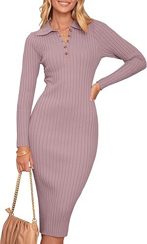 MEROKEETY Womens 2023 V Neck Ribbed Sweater Dress Long Sleeve Bodycon Knit Midi Dresses       Sen... | Amazon (US)