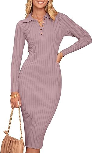 MEROKEETY Womens 2023 V Neck Ribbed Sweater Dress Long Sleeve Bodycon Knit Midi Dresses       Sen... | Amazon (US)