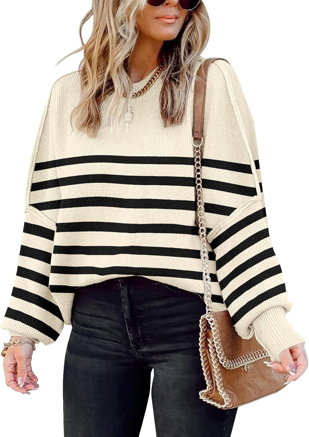 Womens Sweaters Causal Crewneck Batwing Sleeve Knit Top Side Split Oversized Pullover Sweater Loo... | Amazon (US)