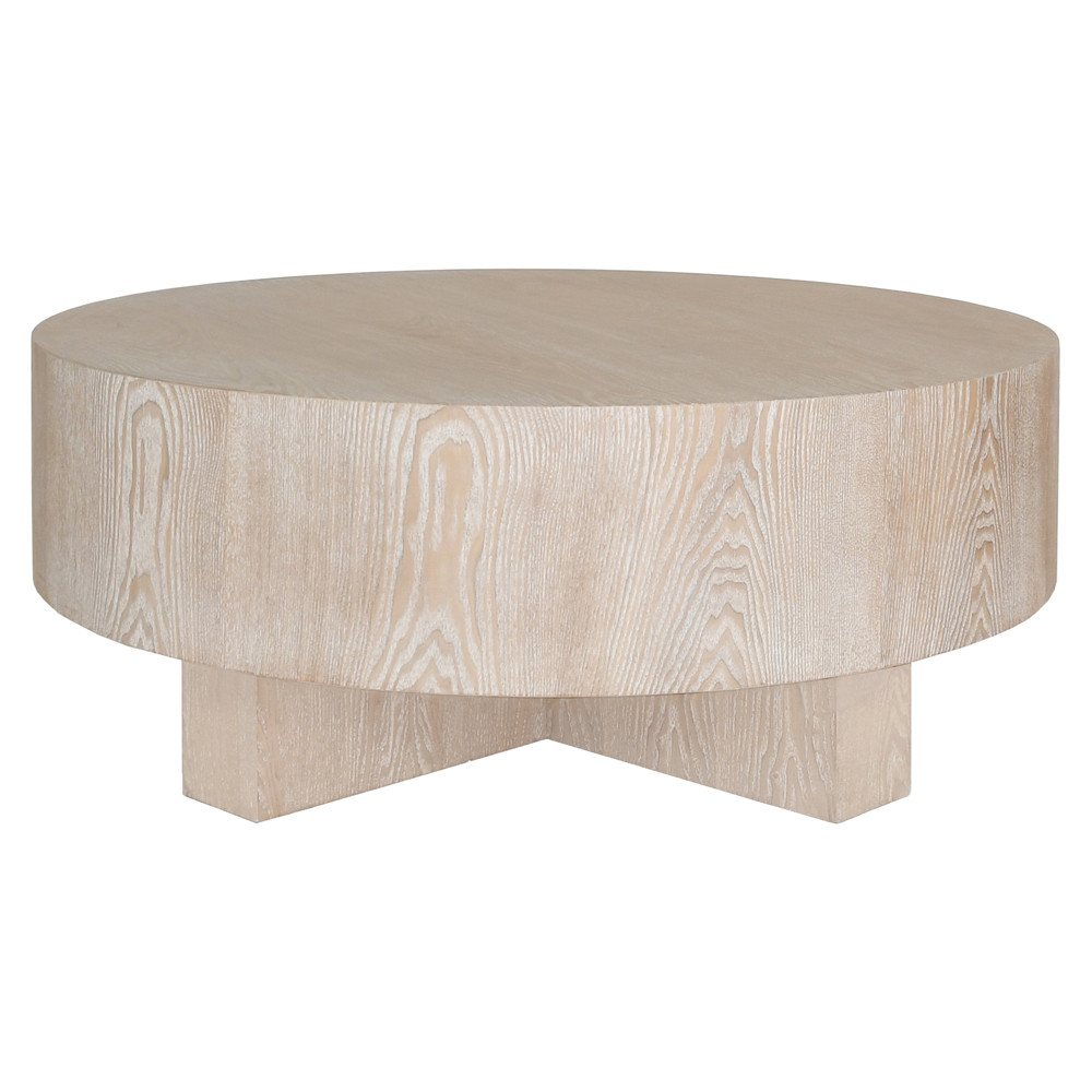 Tyson French Country Brown Oak Wood Round Drum Coffee Table | Kathy Kuo Home