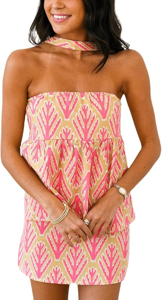 Women Two Piece Mini Skirt Set with Scarf Y2k Cute Floral Tube Crop Tops High Waisted Mini Skort ... | Amazon (US)