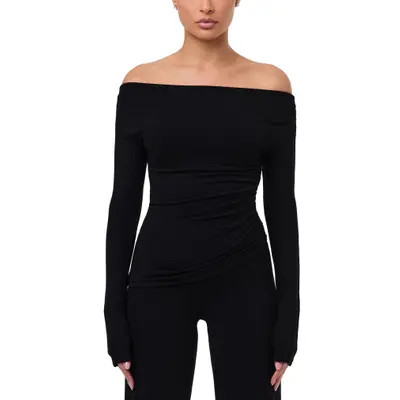 Naked Wardrobe Off the Shoulder Ruched Top in Chocolate at Nordstrom, Size Medium | Nordstrom