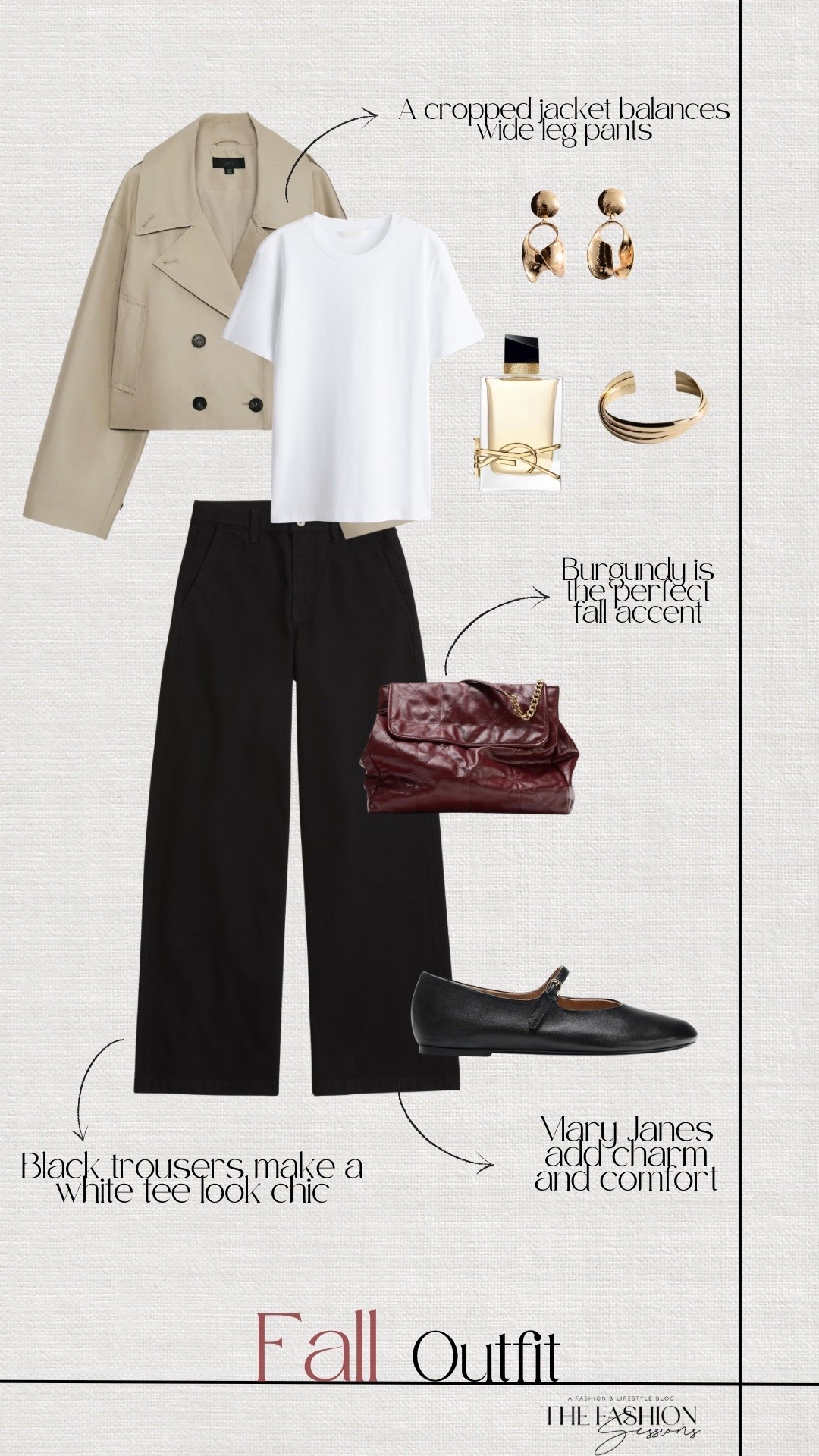 Fall outfit idea | A cropped beige trench jacket balances black wide leg trousers, and a simple white tee keeps it effortless. The burgundy quilted bag is the perfect fall accent, and black Mary Jane flats add charm and comfort. Finished with gold earrings, a gold cuff, and YSL Libre.

#LTKootd #LTKSeasonal #LTKOver40