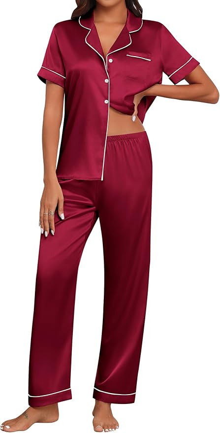Ekouaer Womens Silk Pajama Sets Silky Short Sleeve Pjs 2 Piece Silk Button Down Pajamas Soft Sati... | Amazon (US)
