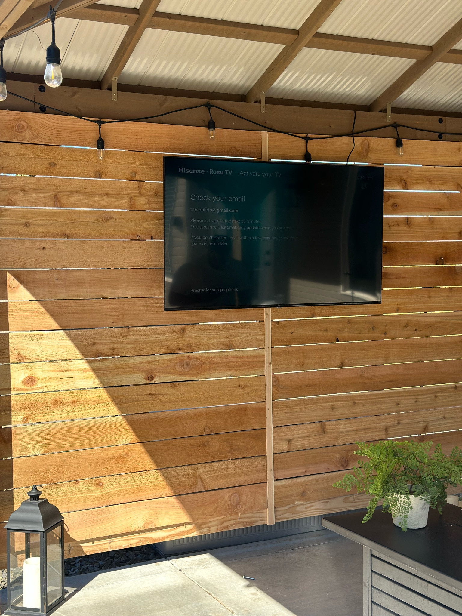 We added a mount and tv to our outdoor patio! 58” smart tv and tilting and extending g full motion mount. 