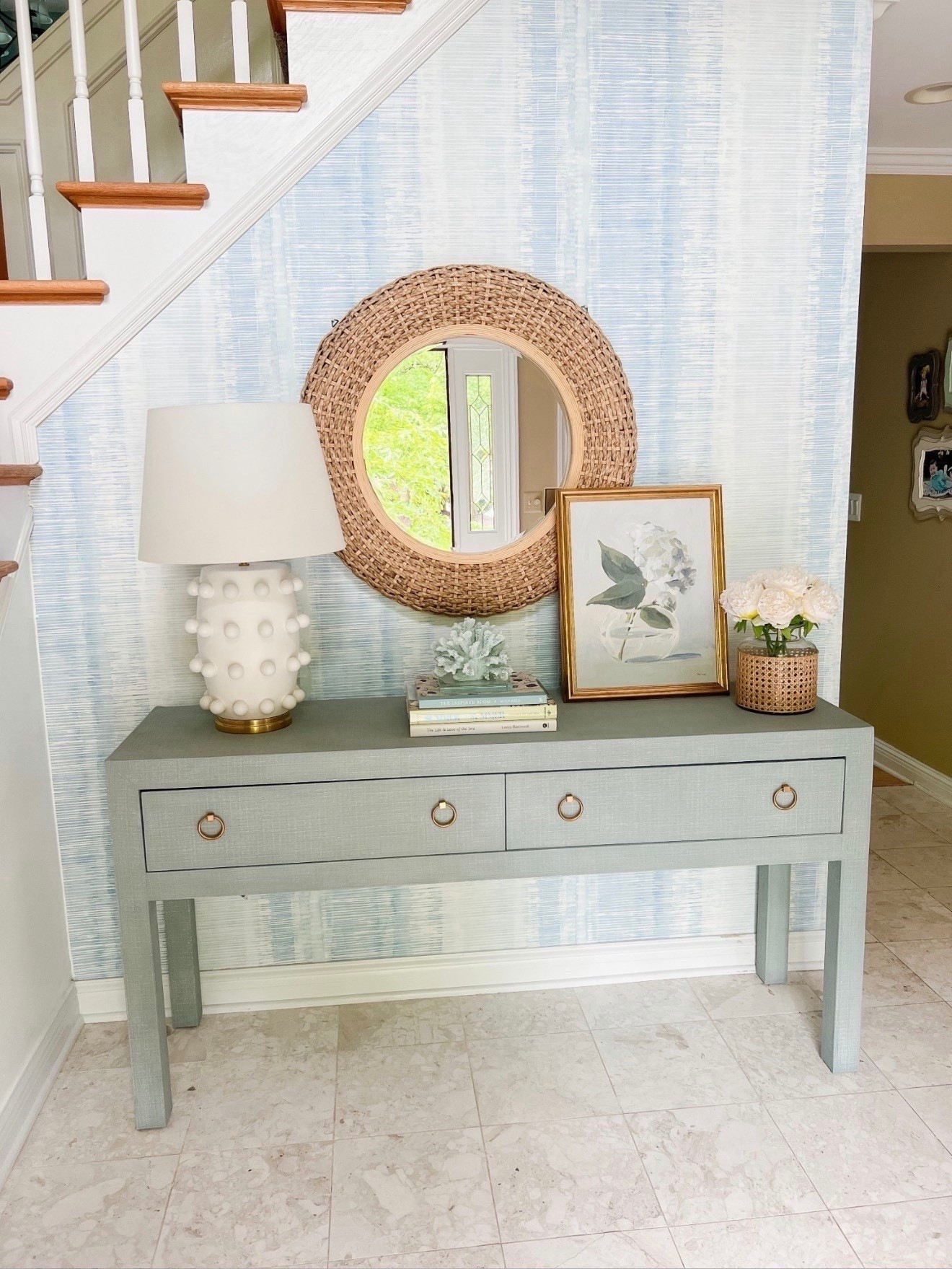 My foyer features a Serena & Lily linen console table, blue ikat wallpaper, and a designer-inspired white lamp for a classic modern coastal entryway look. I love how the blue and white palette makes this space feel bright, welcoming, and effortlessly coastal chic. 



#LTKU #LTKSaleAlert #LTKHome